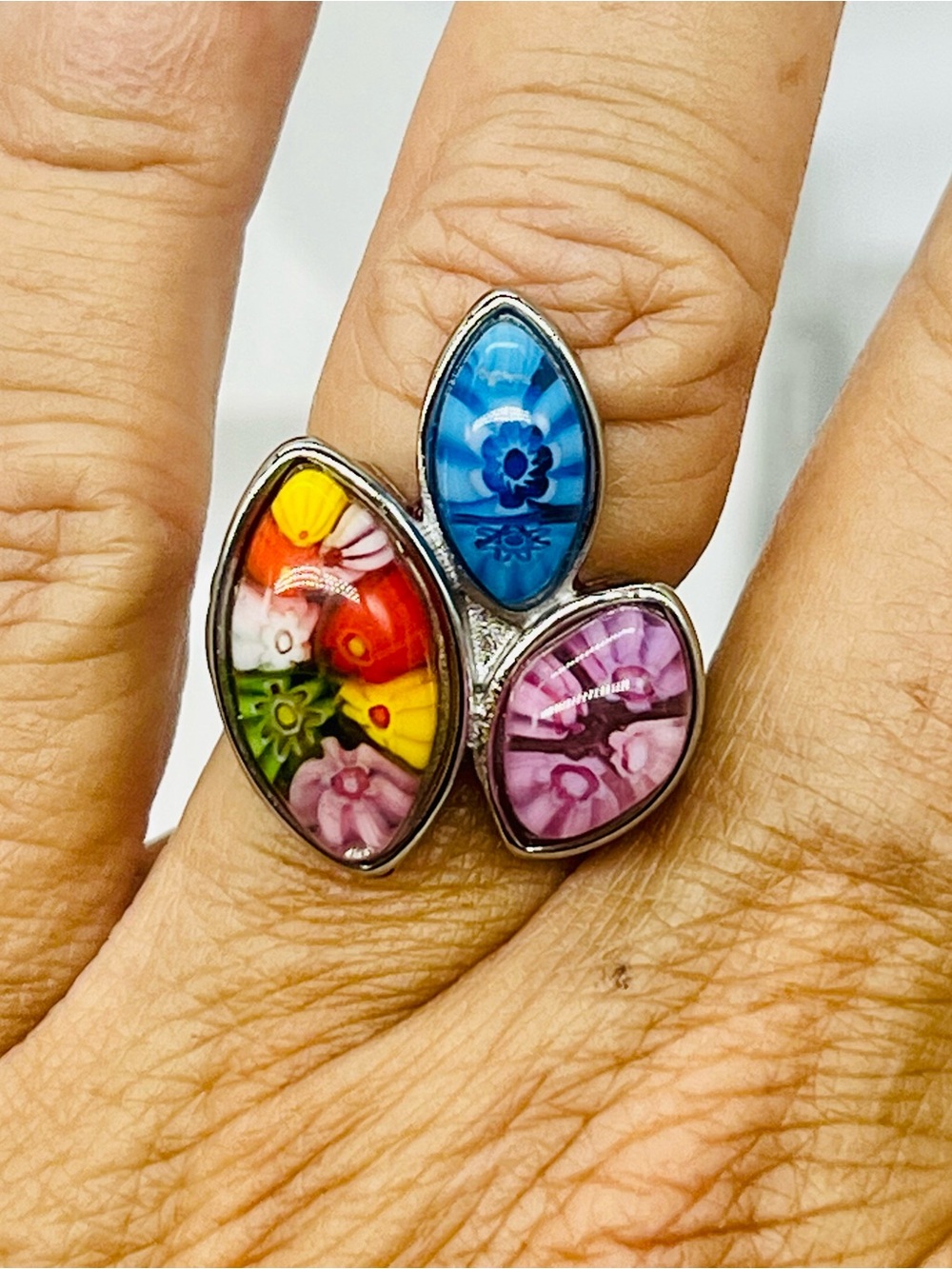 373. Murano Italy Millefiori Art Glass Stainless Steel Ring - Sz 7 Women Jewelry